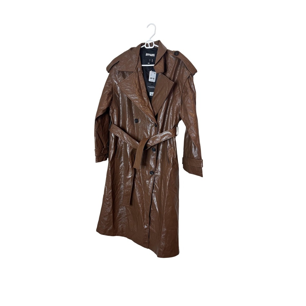 Apparis Trench Coat Womens Small Brown‎ Faux Leather Belted Long Lined F23410CM1